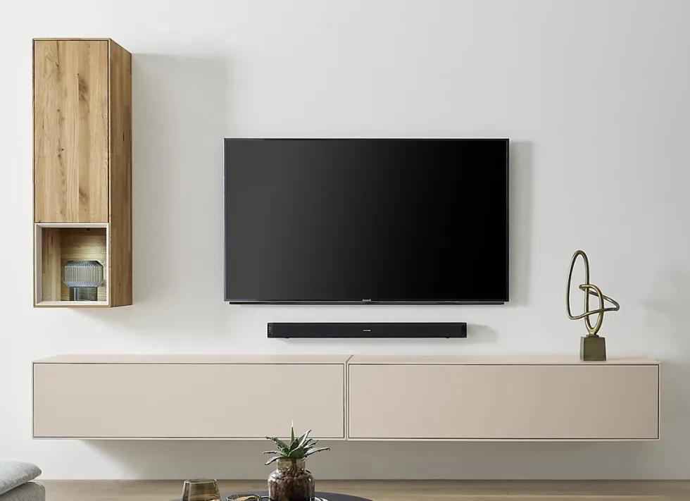 Wohnwand III 280cm 'Locarno' Wildeiche massiv & MDF creme inkl.Beleuchtung