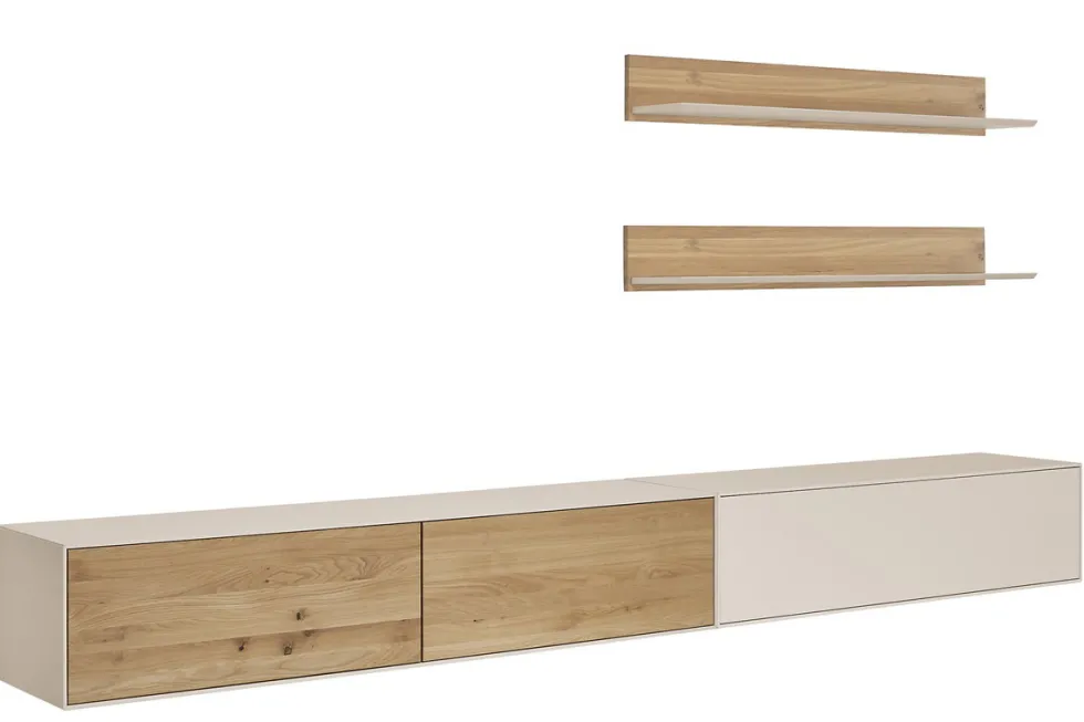 Wohnwand IV 320cm 'Locarno' Wildeiche massiv & MDF creme